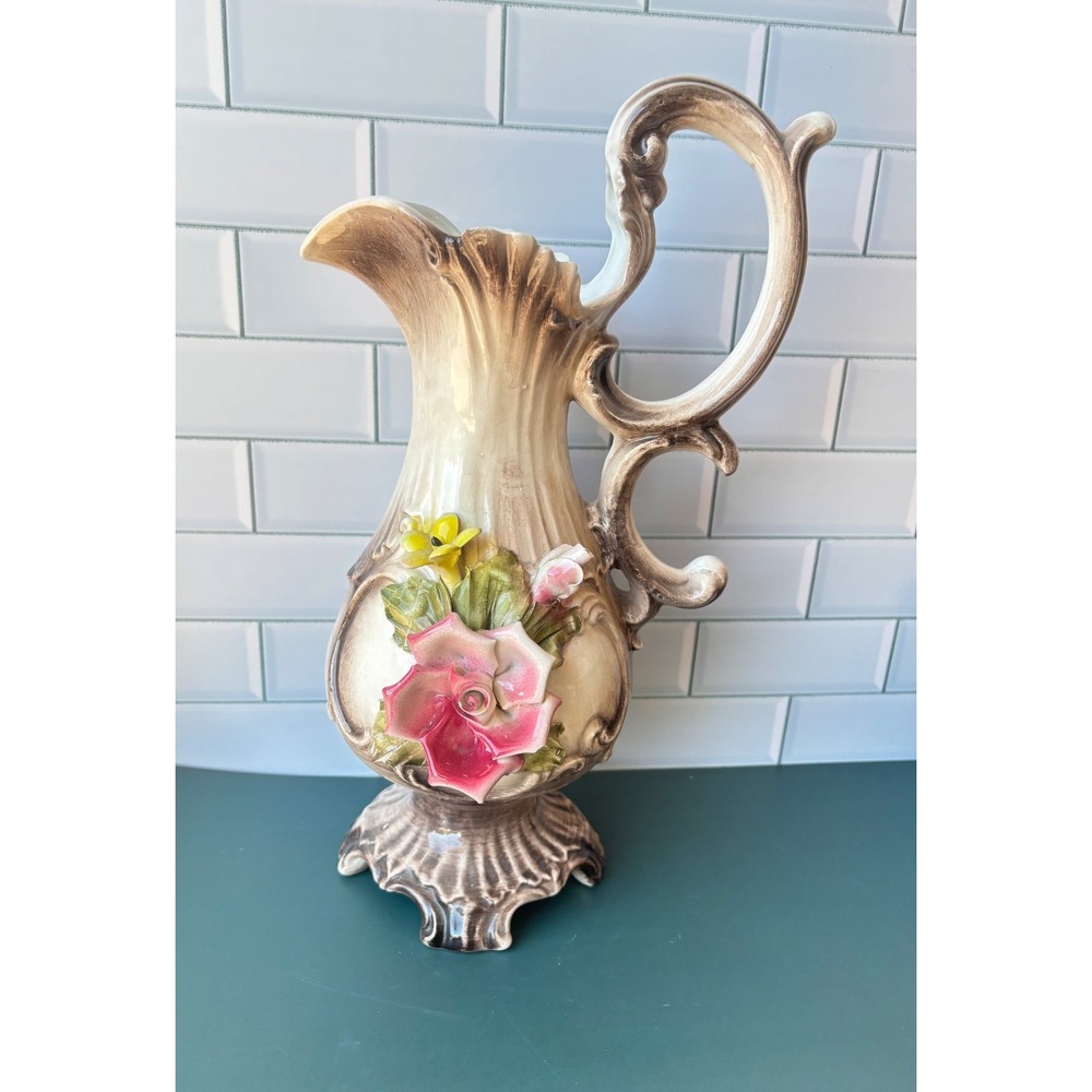 Vintage Italian Ceramic Floral Pitcher Vase Capodimonte Pink Rose